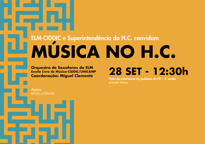 Apresentação do programa Música no H.C com a Orquestra de Saxofones da ELM no pátio da enfermaria de pediatria do HC