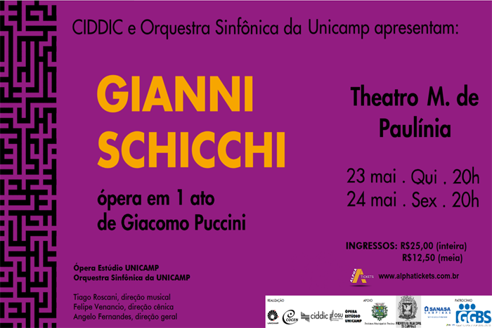 GGBS, Orquestra Sinfônica da UNICAMP e Ópera Estúdio UNICAMP apresentam a ópera “Gianni Schicchi”, de Giacomo Puccini: INGRESSOS À VENDA