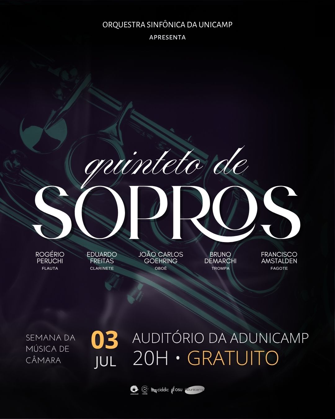 Semana de Música de Câmara da OSU traz concertos gratuitos com o Quinteto de Metais e o Quinteto de Sopros na ADunicamp